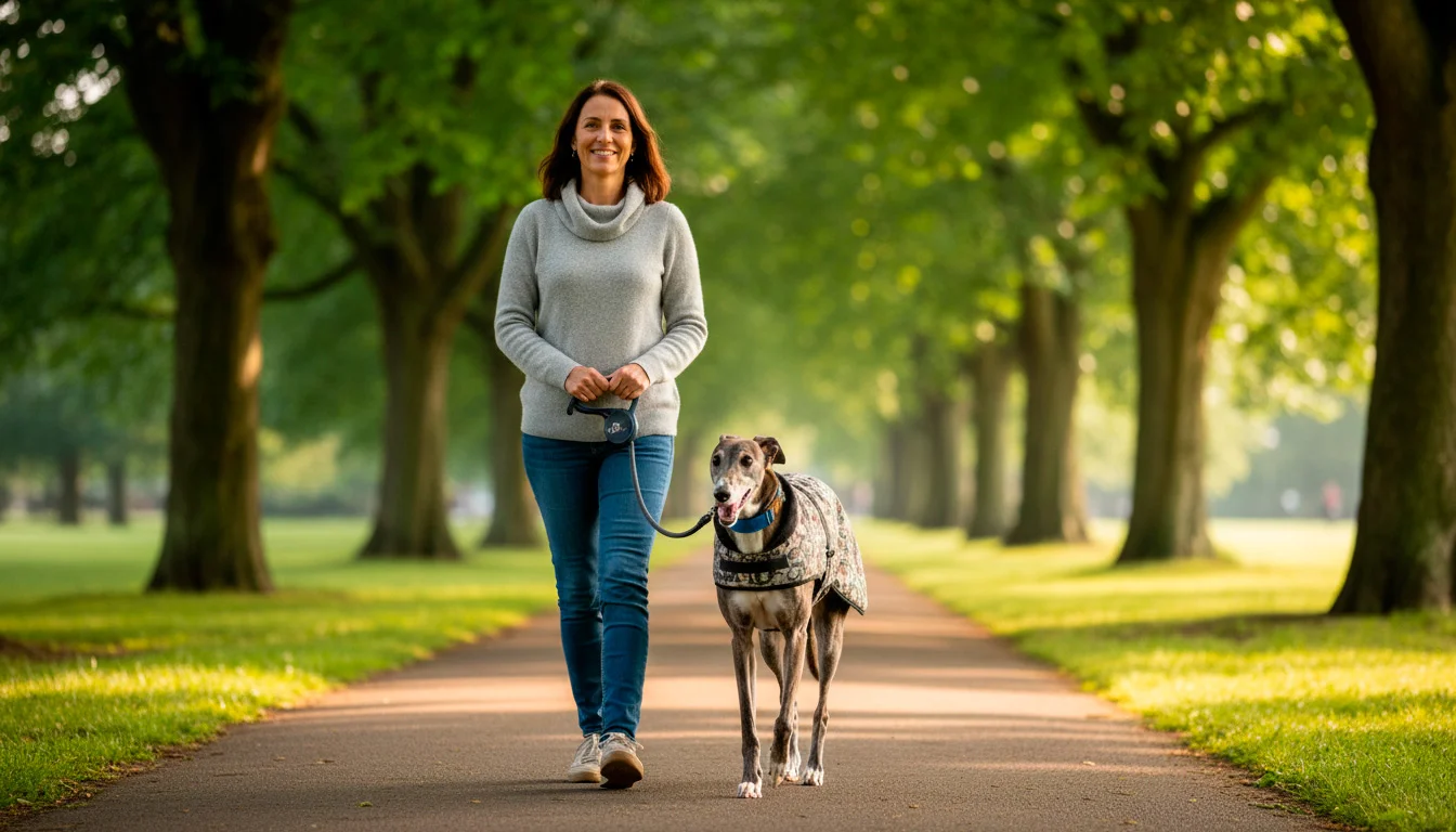 Happy retired greyhound on a lead walking with its new owner in a Sheffield park