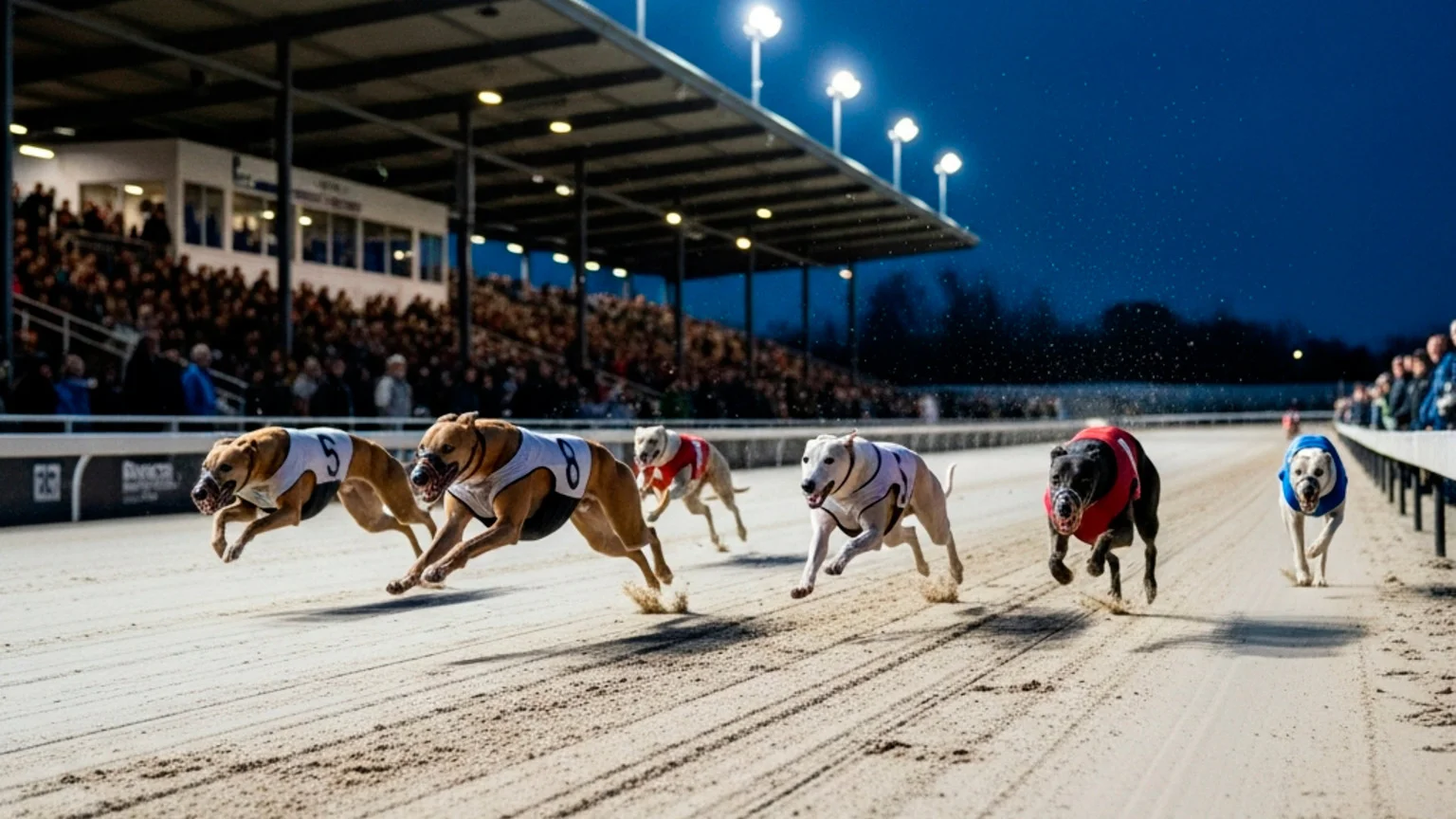 Midweek greyhound racing under floodlights at Owlerton Stadium Sheffield