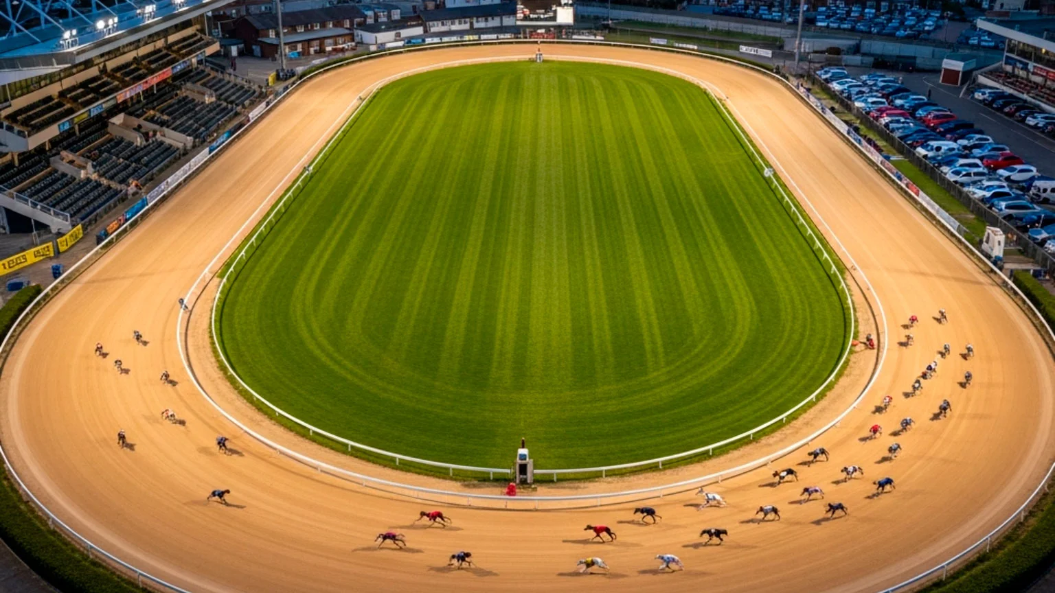 Aerial view of a UK greyhound racing stadium showing the oval sand track layout