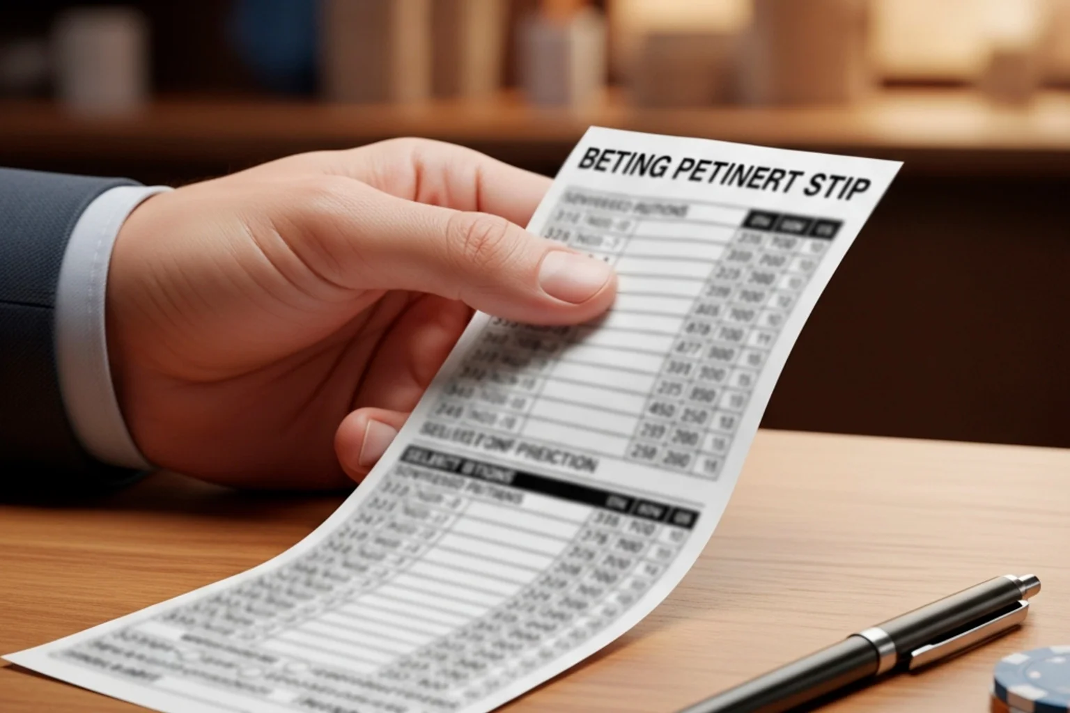 Close-up of a betting slip for a greyhound forecast bet with a pen