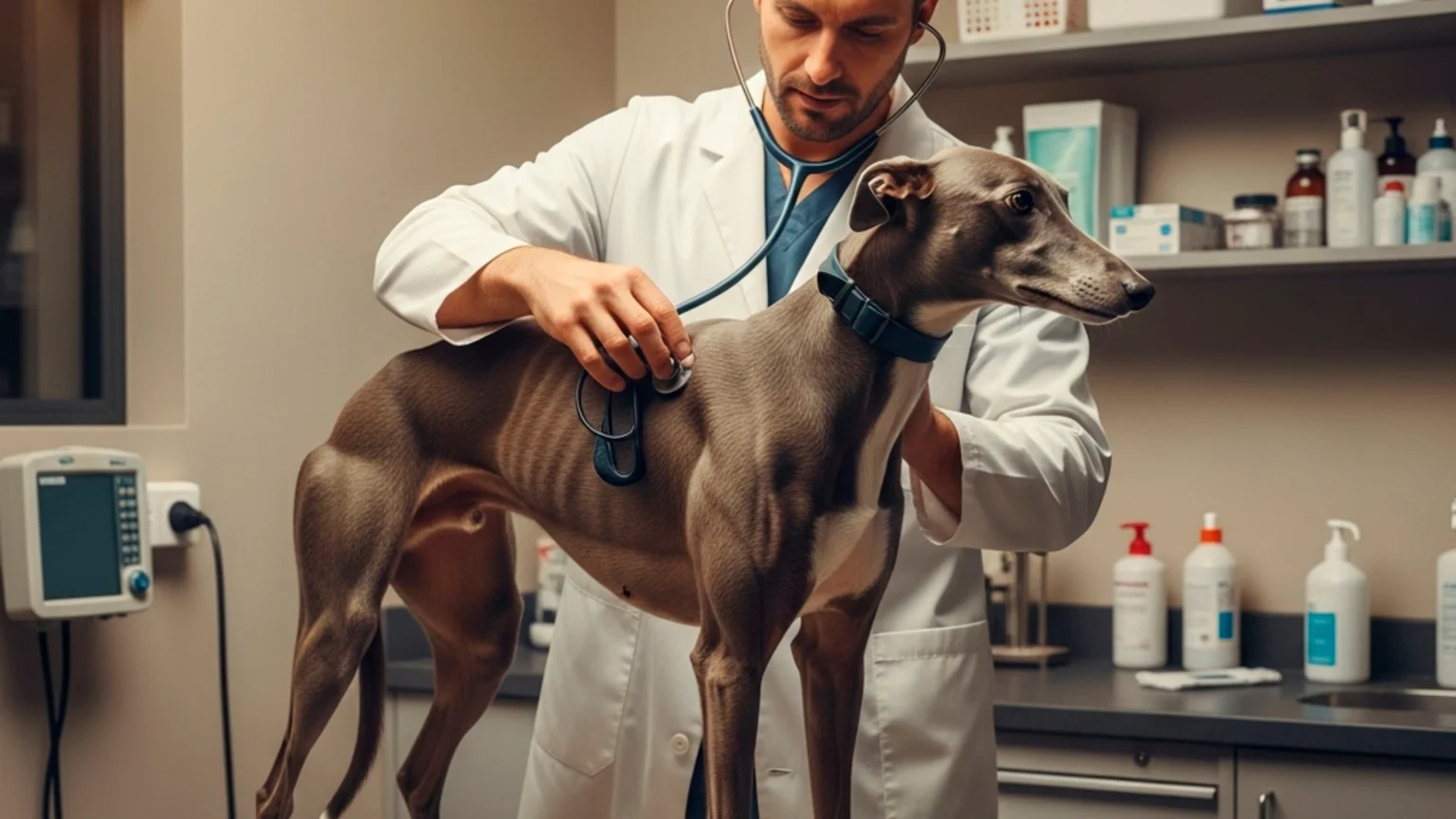 Veterinarian examining a greyhound at a track-side veterinary station