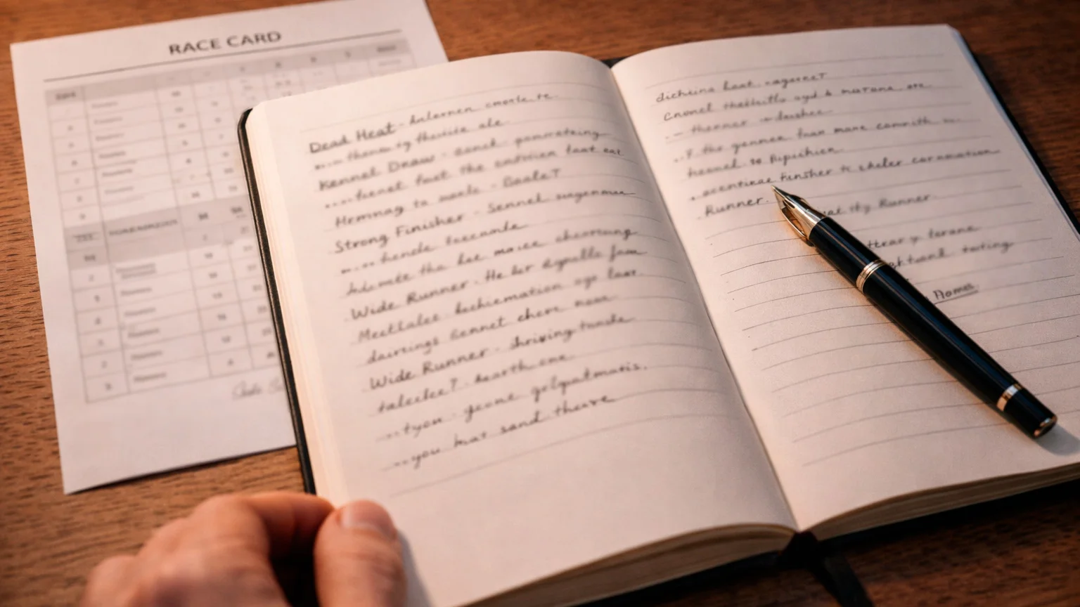 Open notebook with greyhound racing terms and a pen on a table beside a racecard