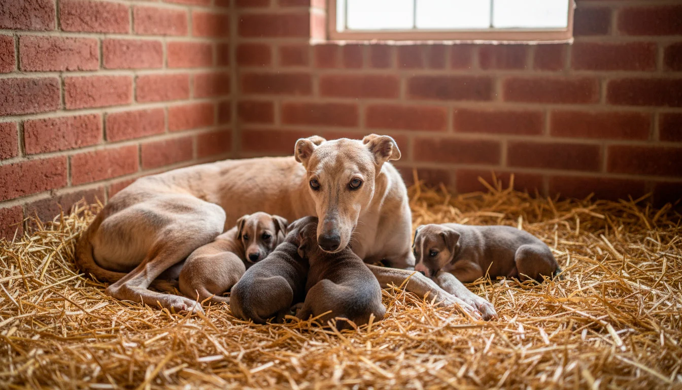Greyhound mother with her puppies in a clean kennel at a UK breeding facility