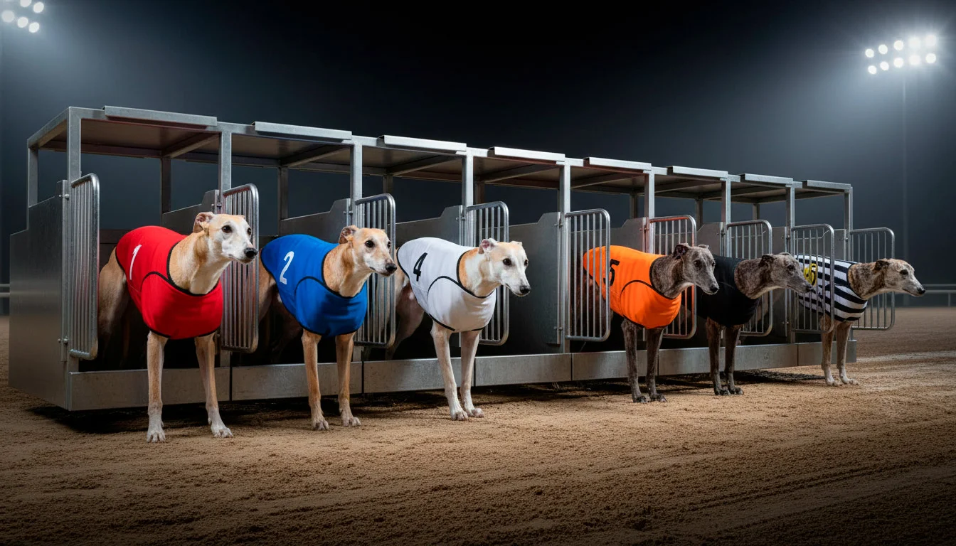 Six greyhounds wearing coloured racing jackets lined up in starting traps at Owlerton