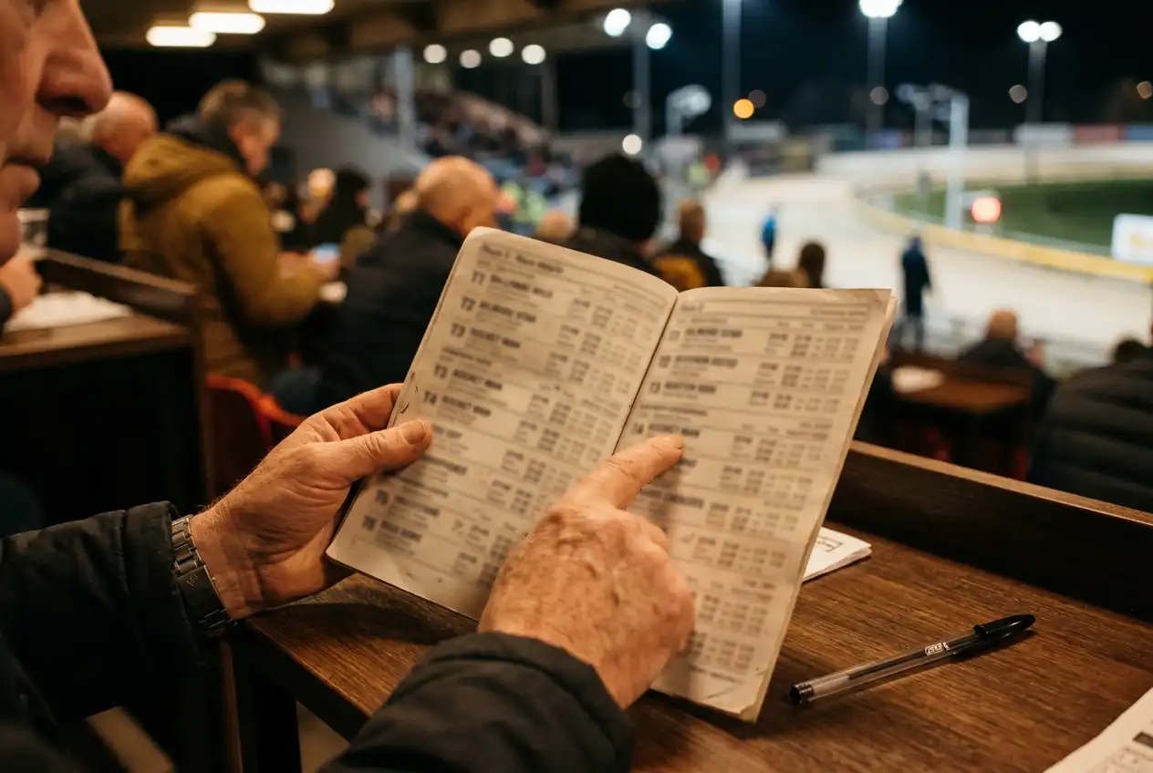 Punter studying a greyhound racecard with form figures and sectional times before placing a bet