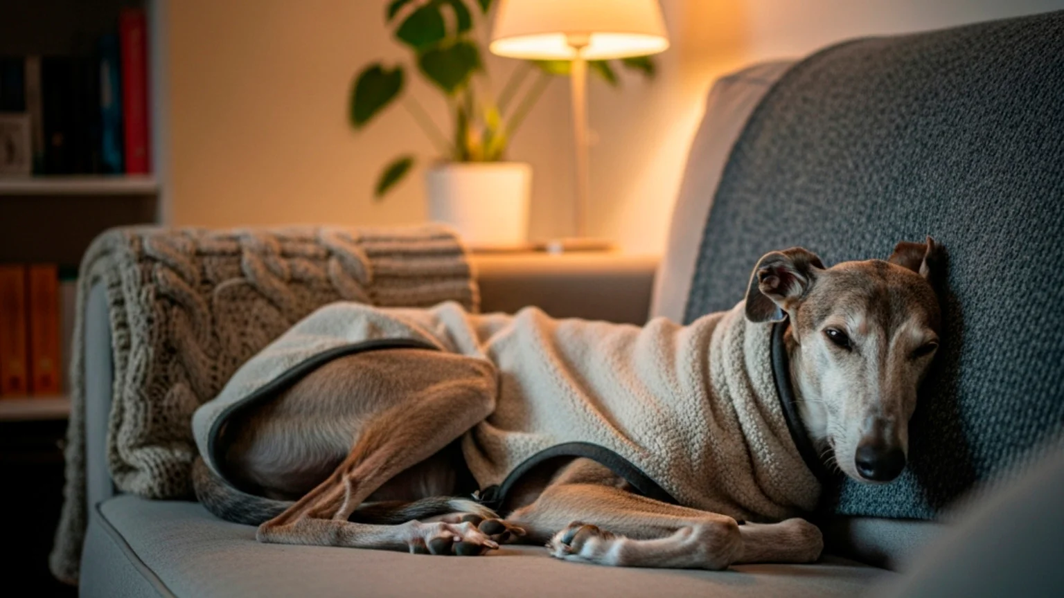 Retired greyhound wearing a cosy coat relaxing on a sofa in a family home