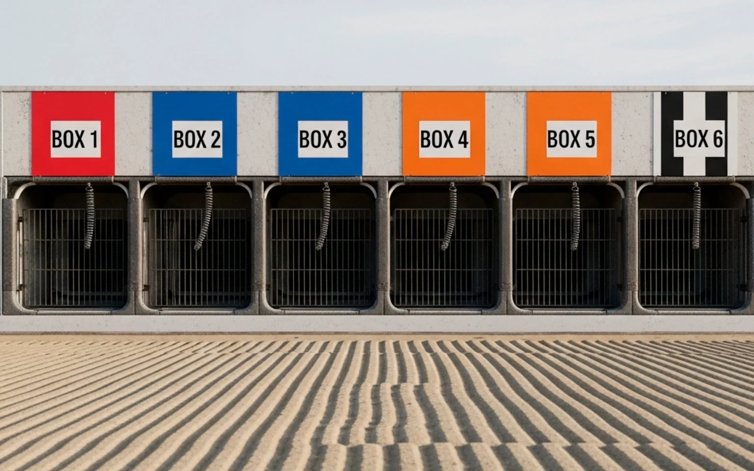 Greyhound starting traps at race track with six numbered boxes ready for sprint race