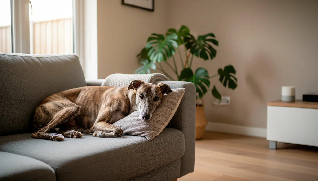 Retired greyhound resting on a sofa in a warm home after adoption from Sheffield