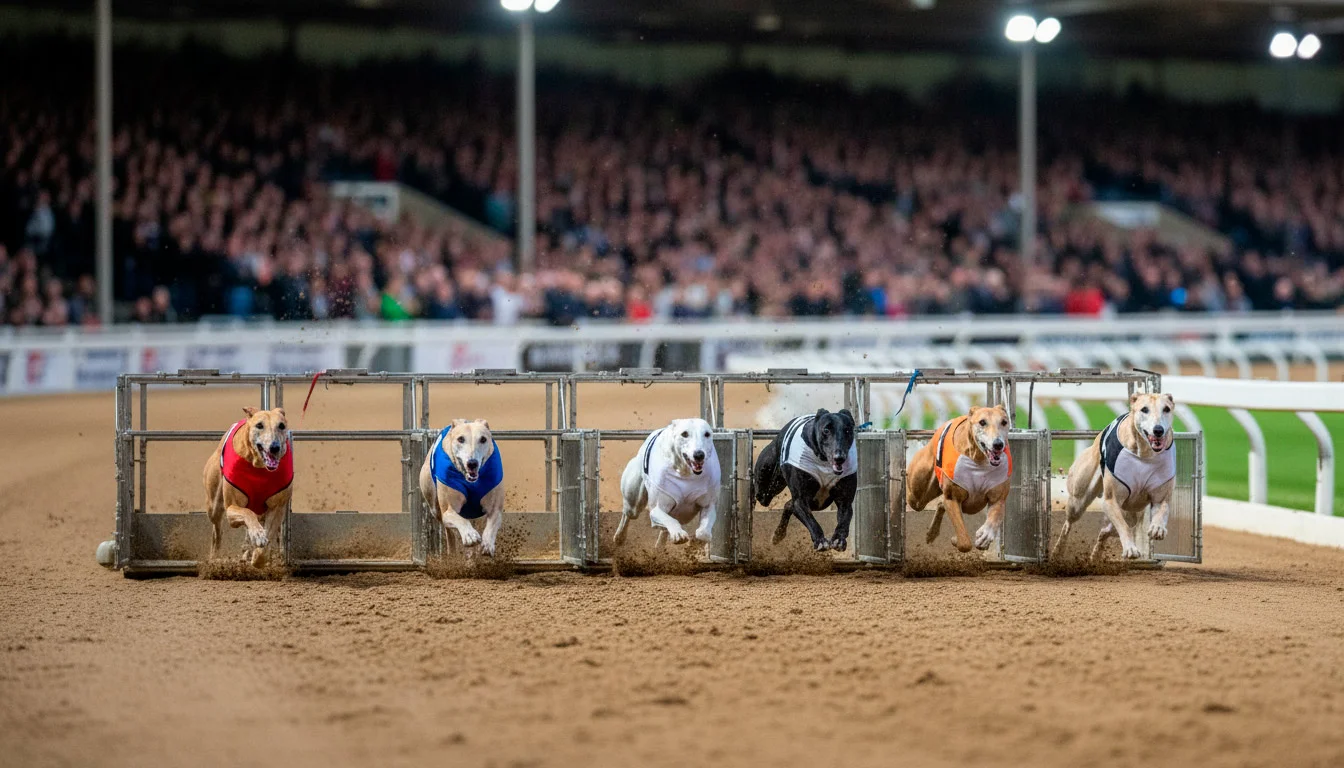 Greyhounds racing out of the traps at a major UK championship event under floodlights