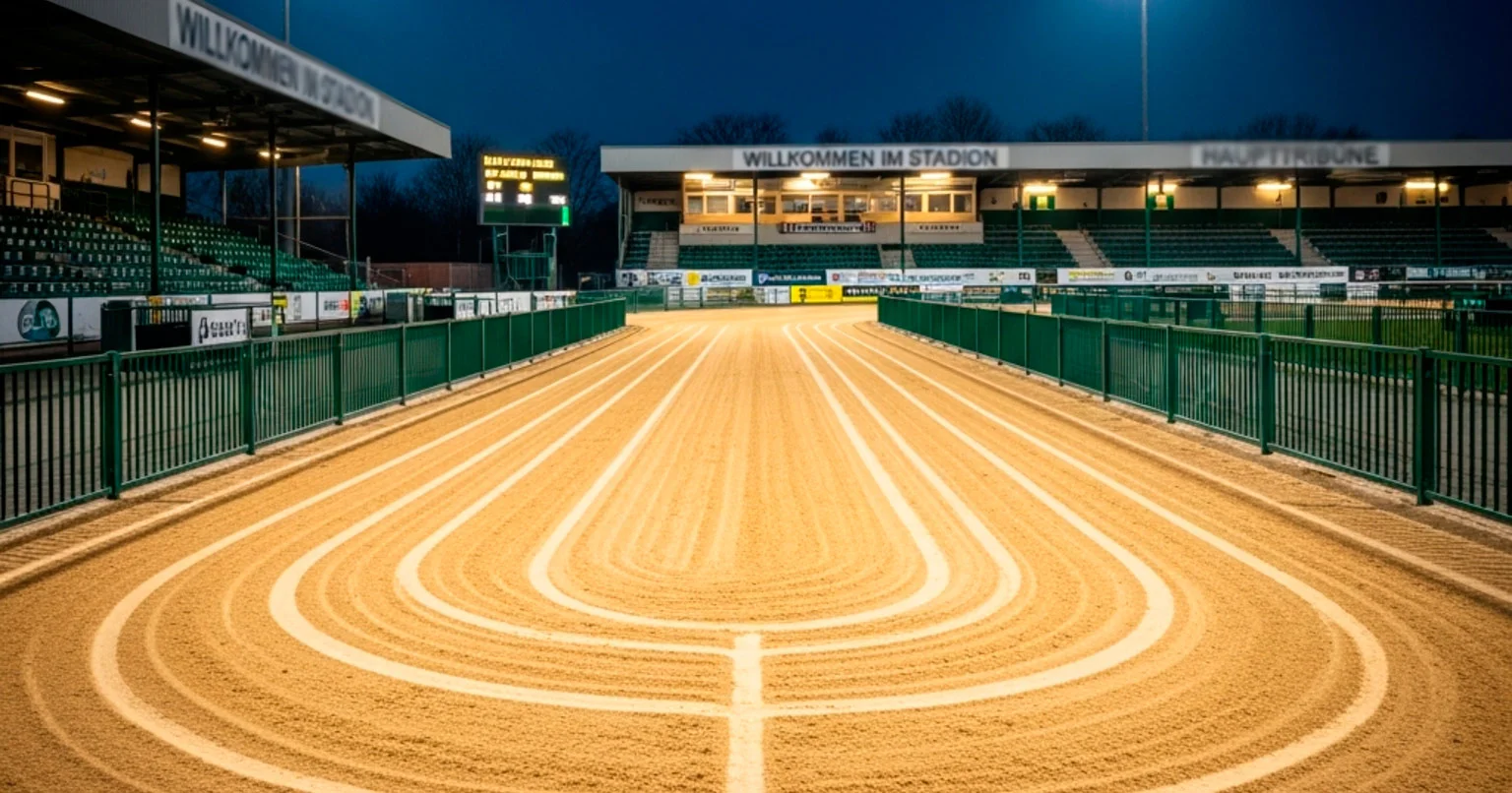 Owlerton Stadium Sheffield greyhound racing night with floodlights illuminating the sand track