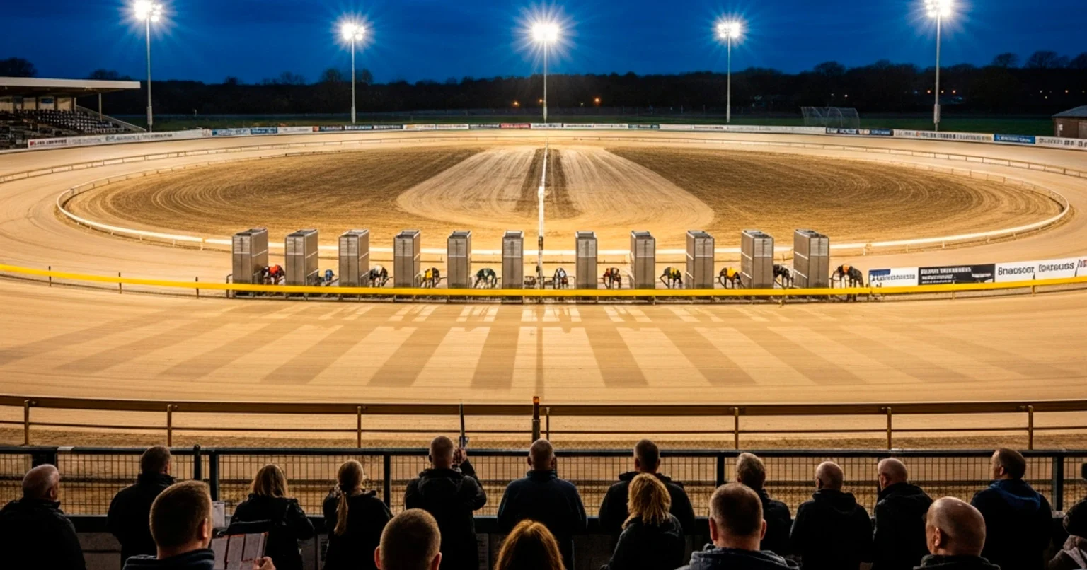 Owlerton Stadium grandstand and sand track under floodlights on a Sheffield race night