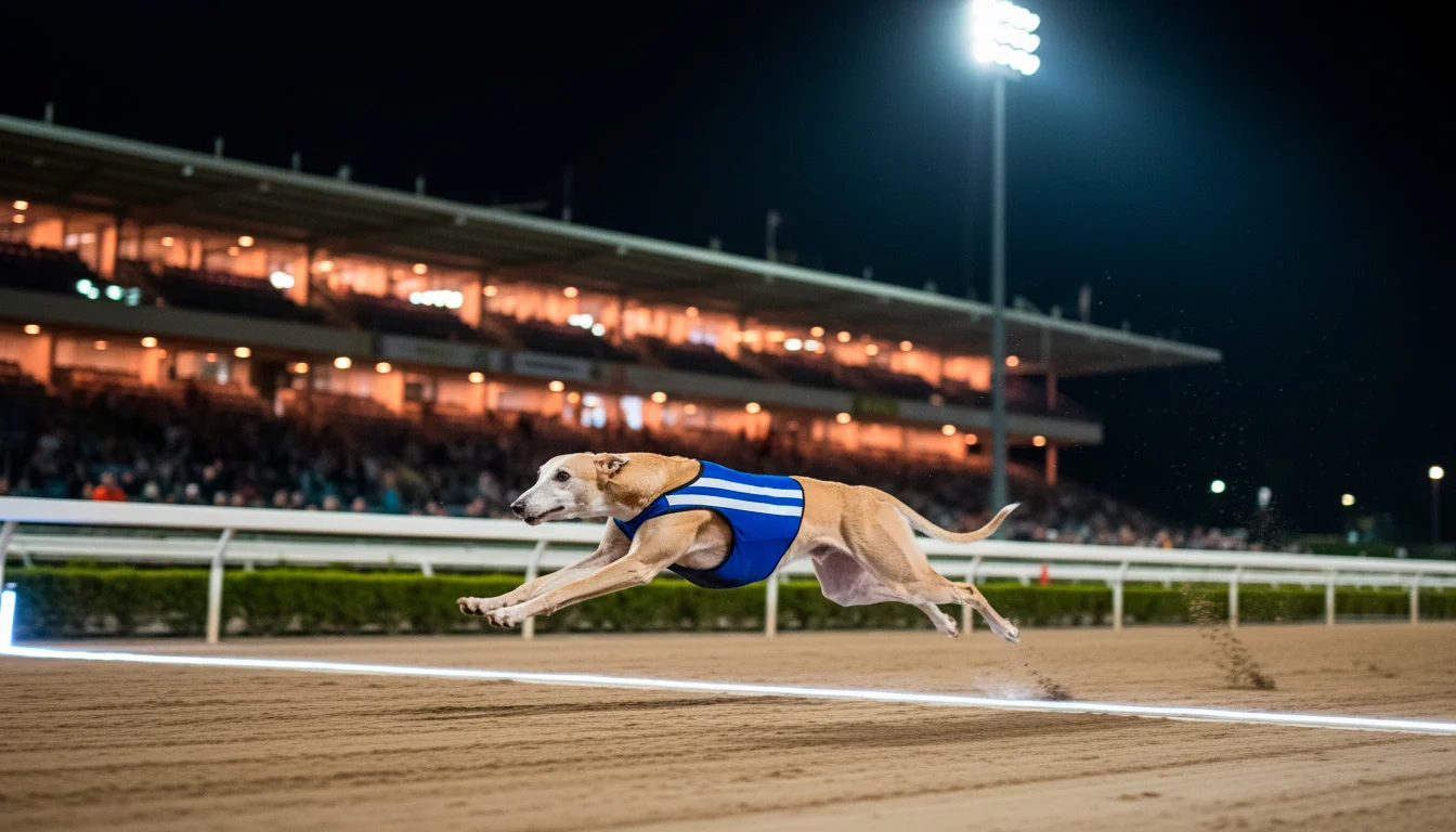 Fast greyhound crossing the finish line at Owlerton Stadium Sheffield under floodlights