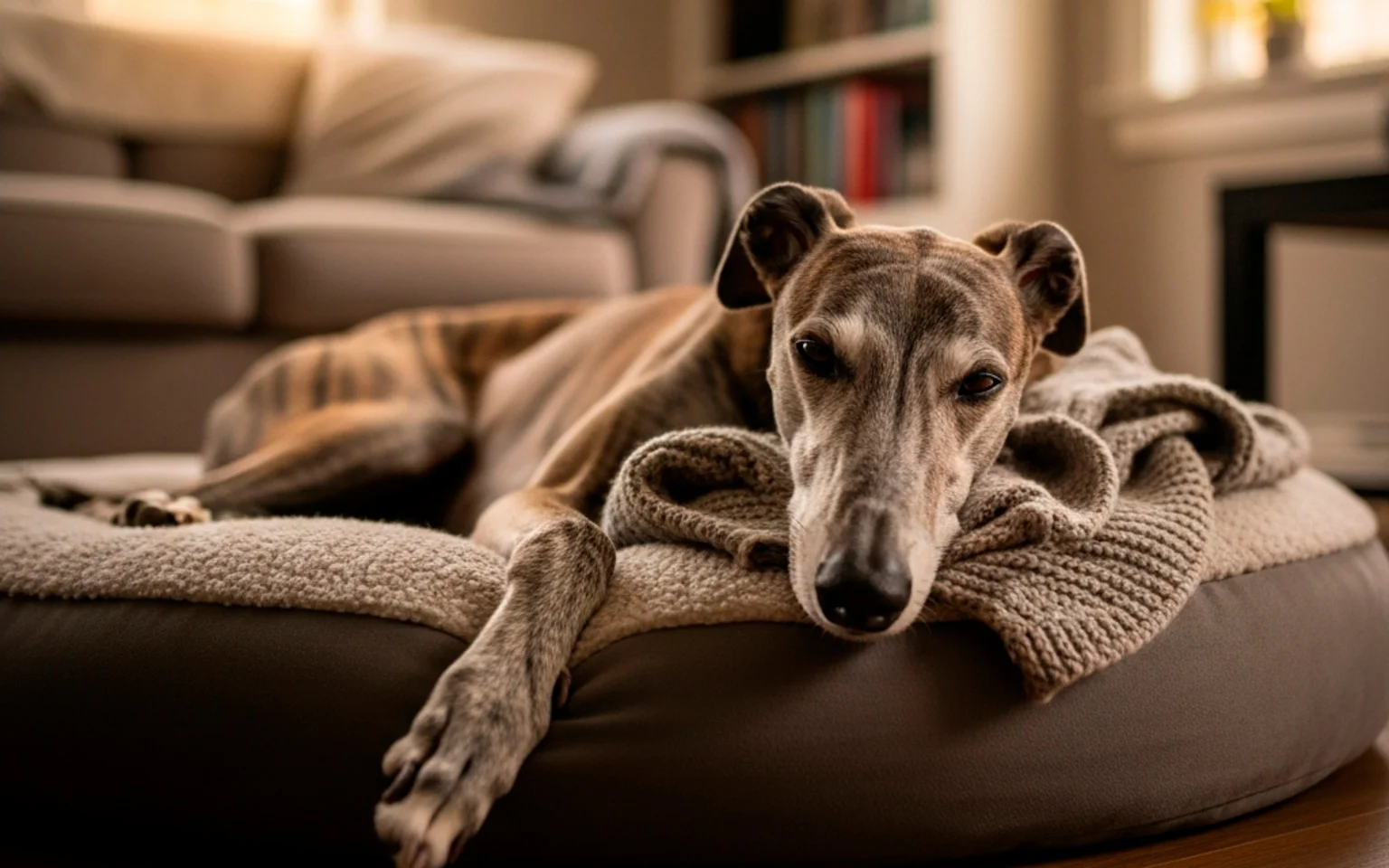 Retired racing greyhound relaxing in a home environment after successful rehoming from track career