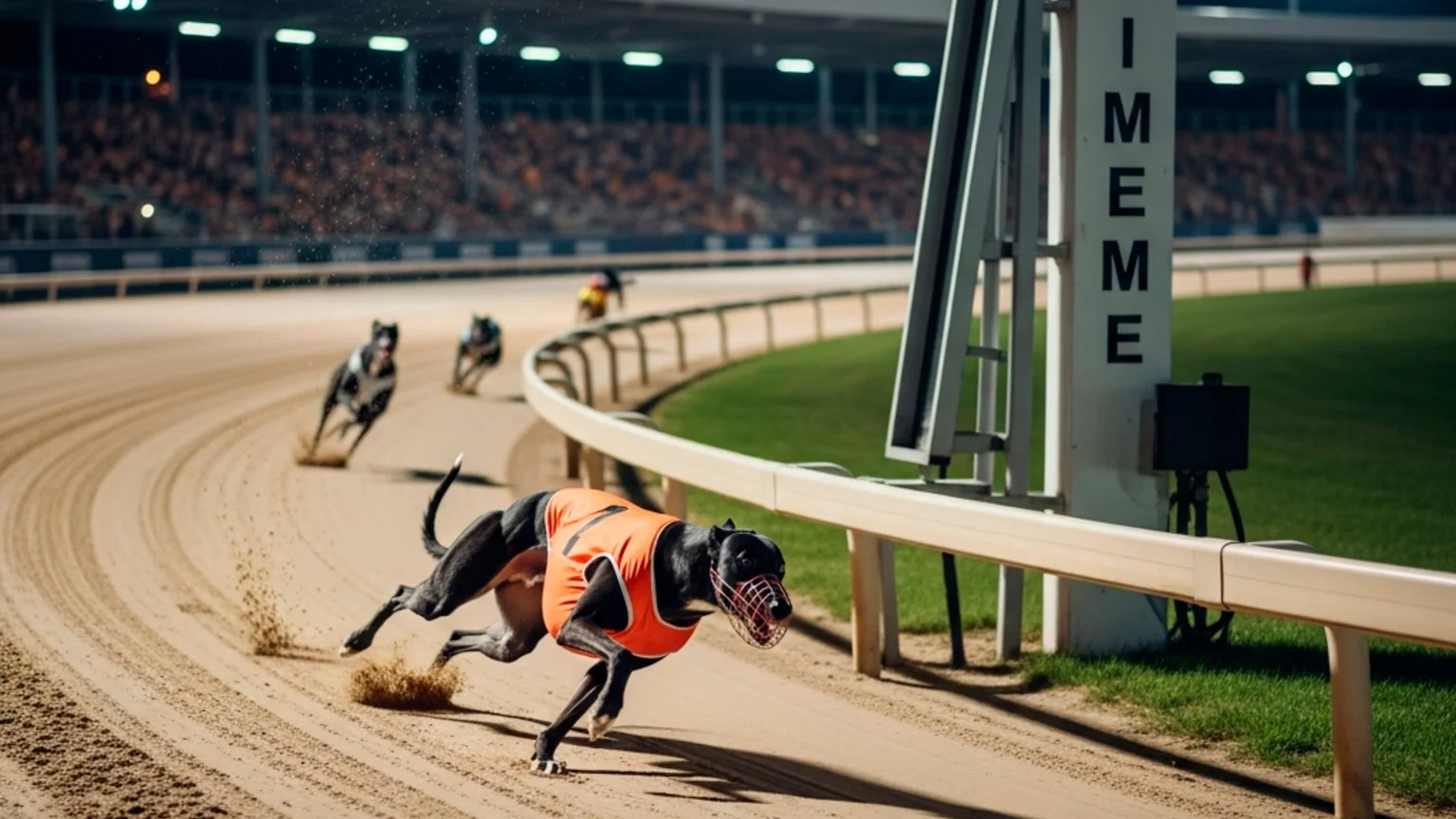Greyhound rounding the first bend at Owlerton Stadium with a timing display visible