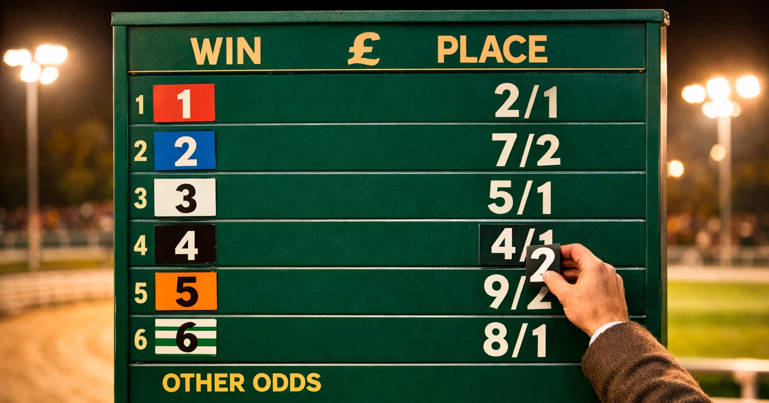 Greyhound racing betting board with fractional odds displayed at a UK track