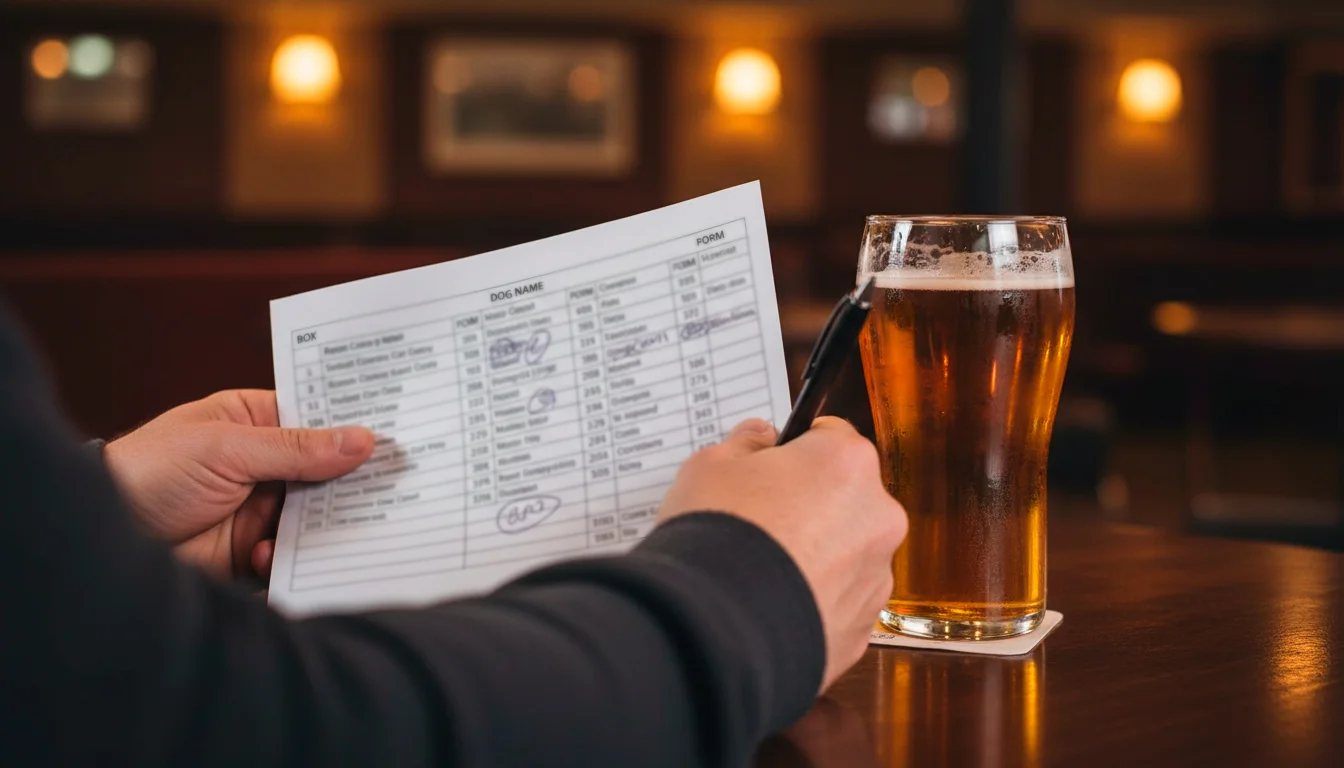 Punter studying a greyhound racecard with a pen at Owlerton Stadium Sheffield