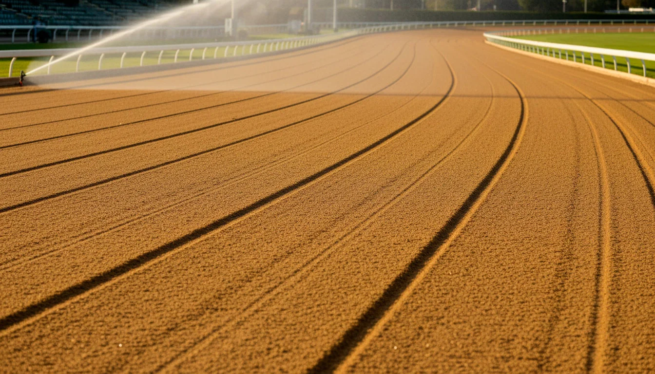 Sand surface of the Owlerton greyhound track being watered before a race meeting