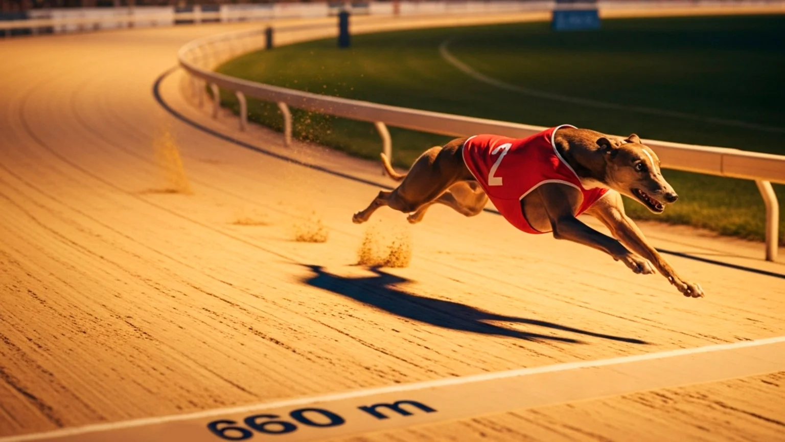 Greyhound sprinting on a sand track at Owlerton Stadium Sheffield showing race distance markers