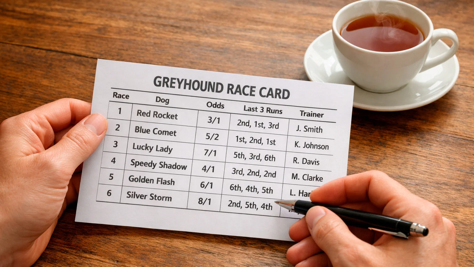 Person studying a greyhound racecard printout at Owlerton Stadium Sheffield