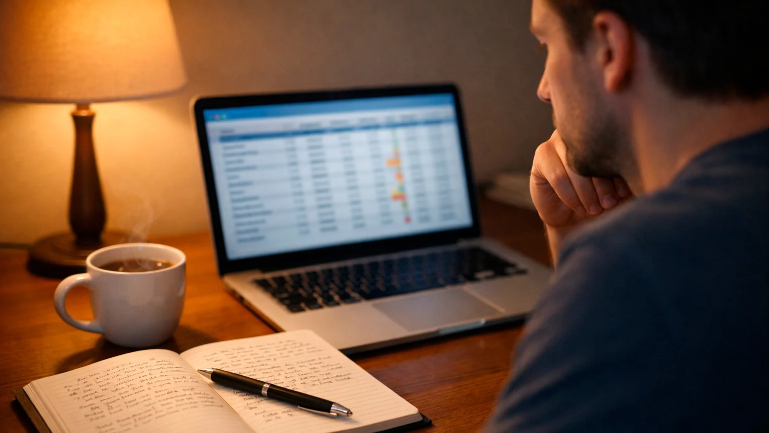 Person searching greyhound racing results on a laptop with a notebook beside it