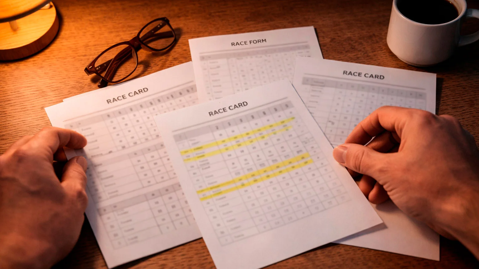 Person analysing greyhound form data and race statistics on paper at a desk