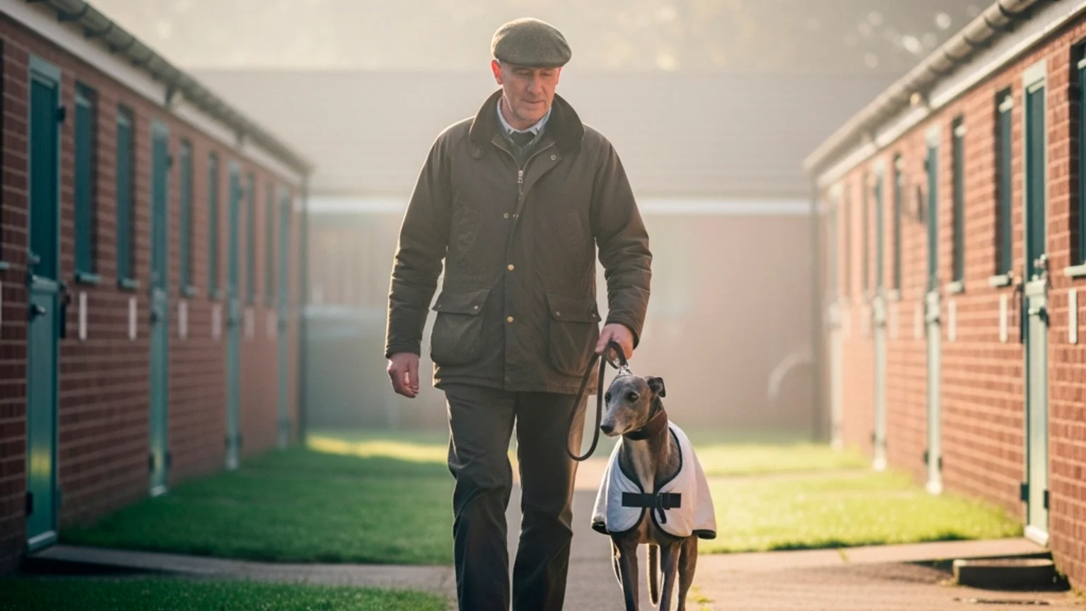 Greyhound trainer walking a racing dog on a lead near kennel facilities