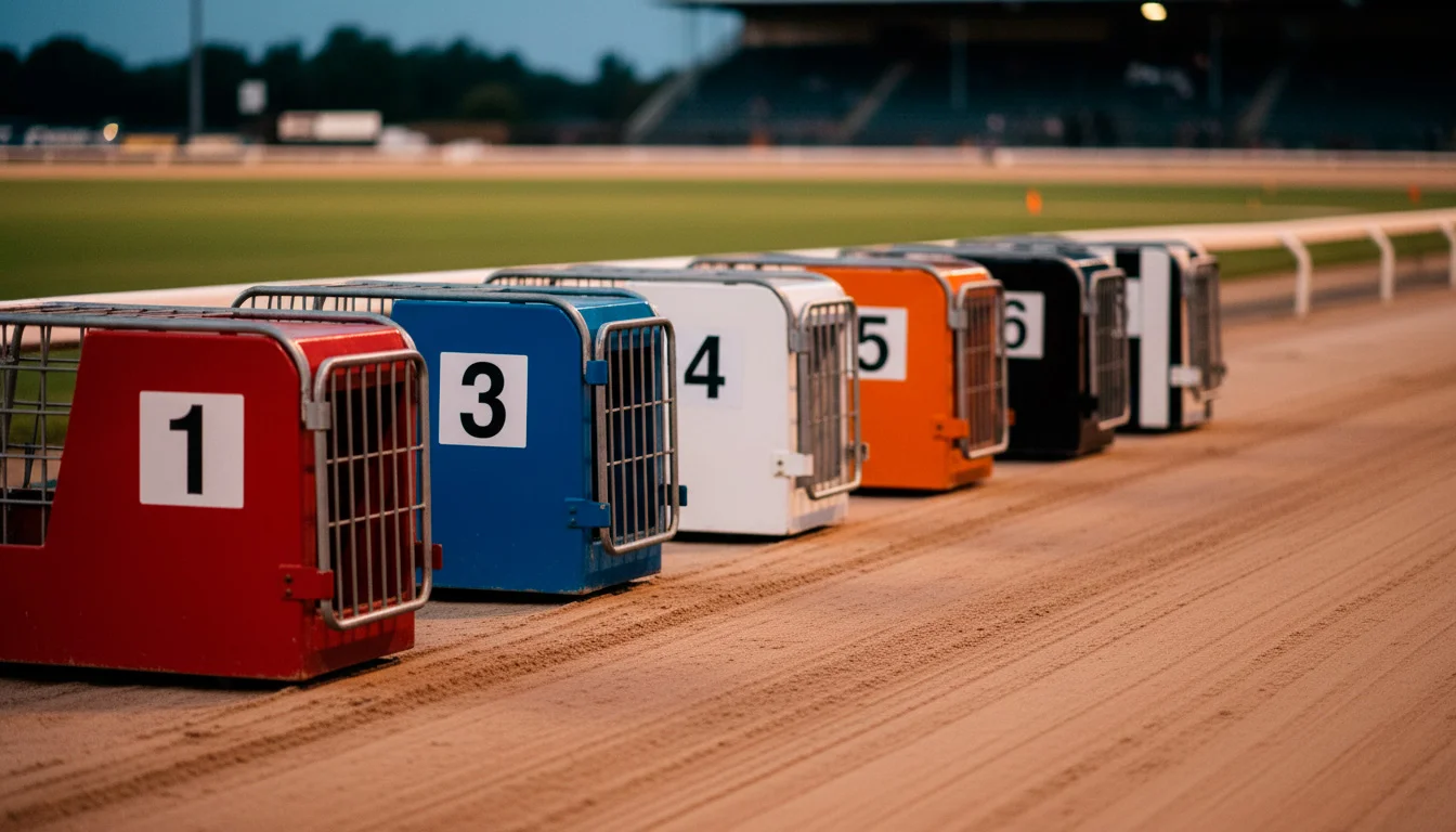 Six greyhound starting traps numbered one to six at Owlerton Stadium Sheffield