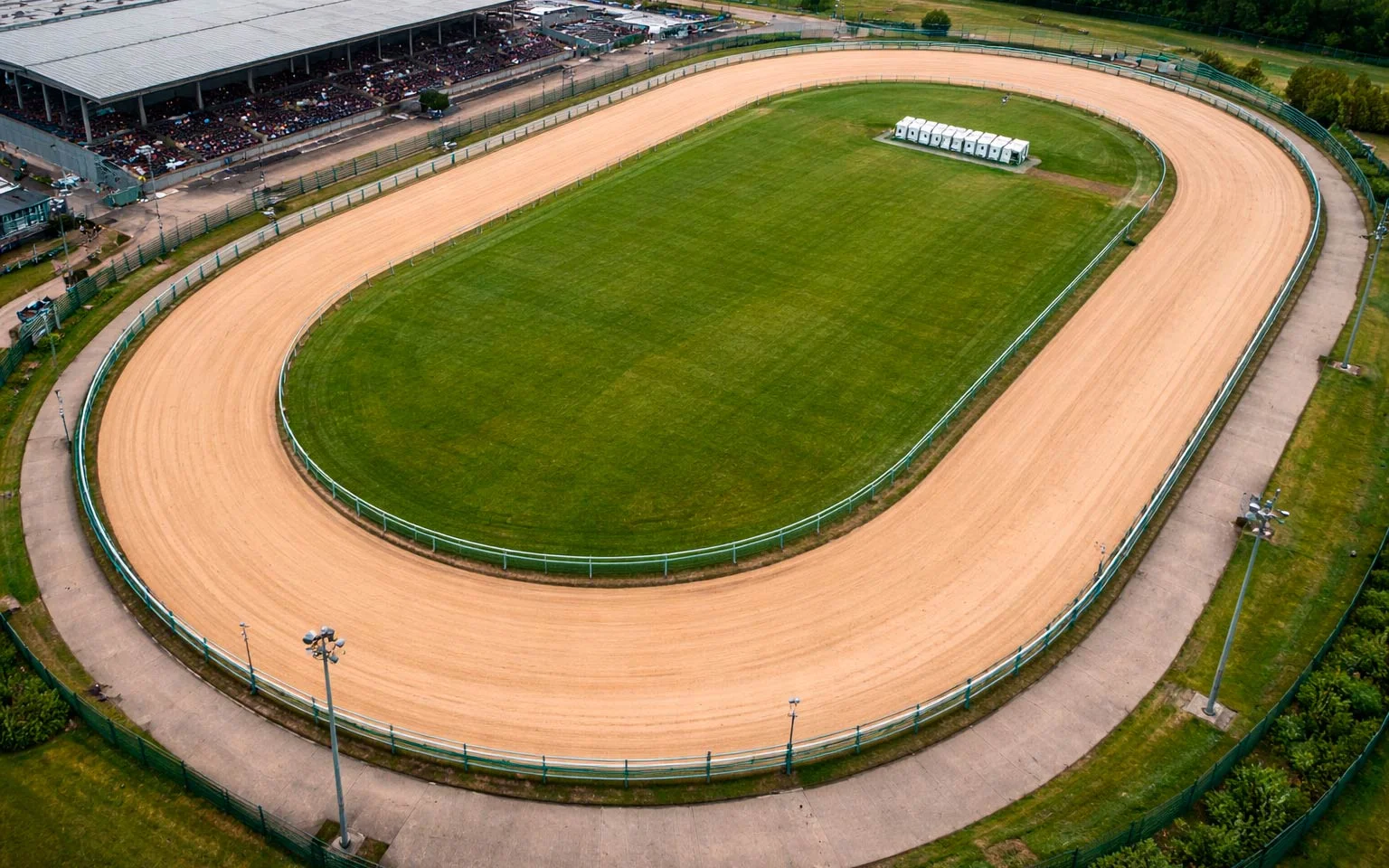 Sheffield Owlerton greyhound track aerial view showing sand circuit and starting traps