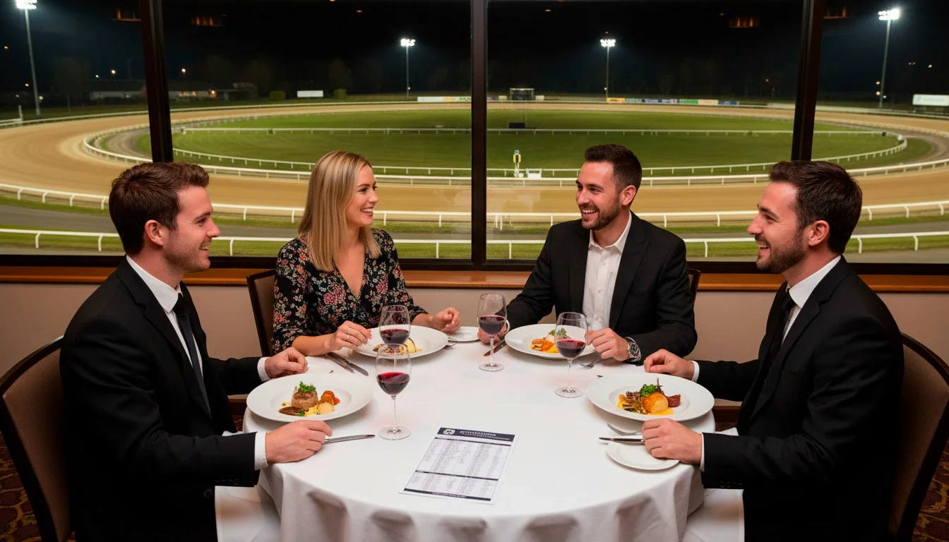 Group of friends enjoying dinner and drinks at Owlerton Stadium race night