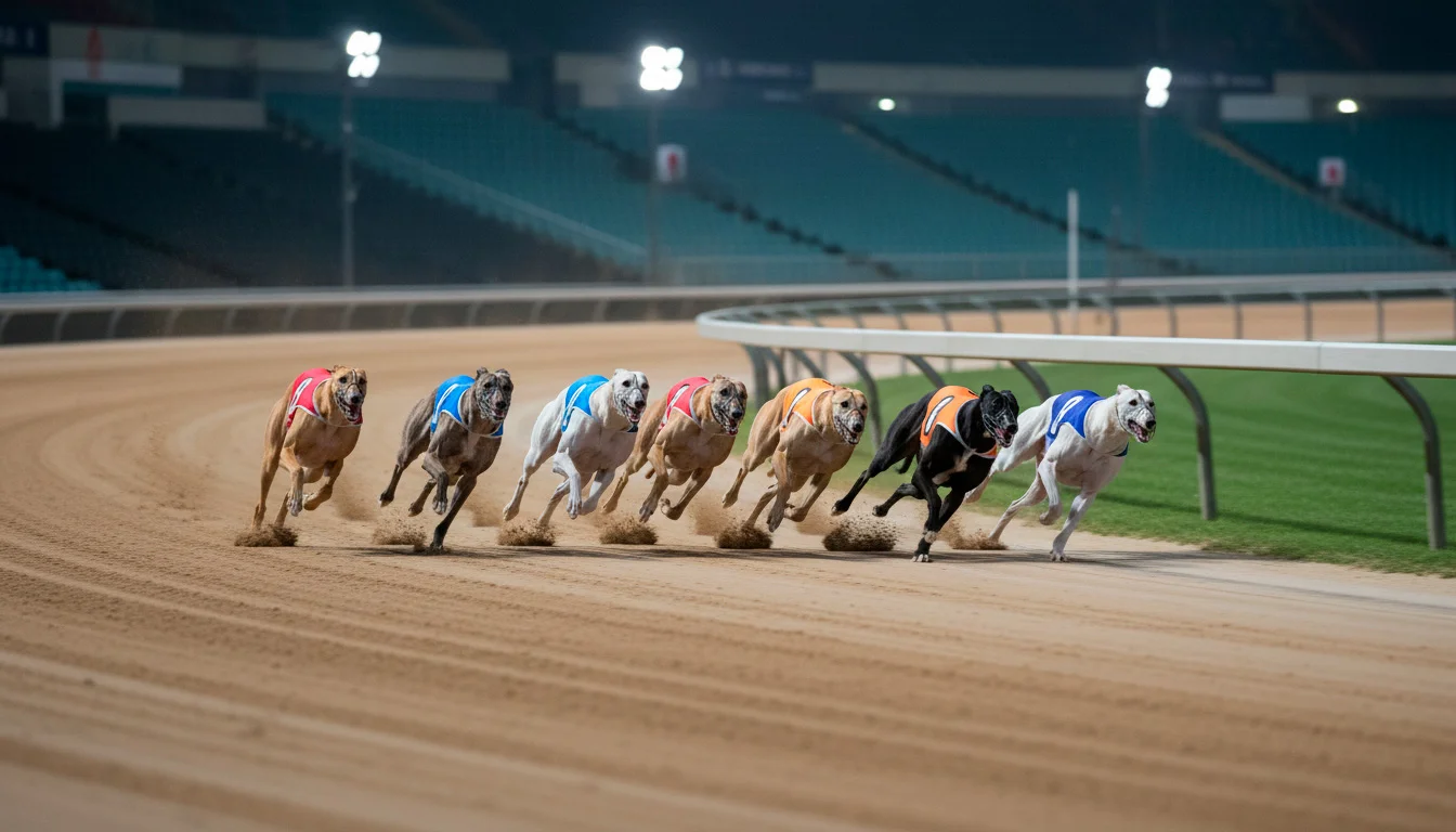 Greyhounds racing on the sand track during the Steel City Cup final at Owlerton Stadium
