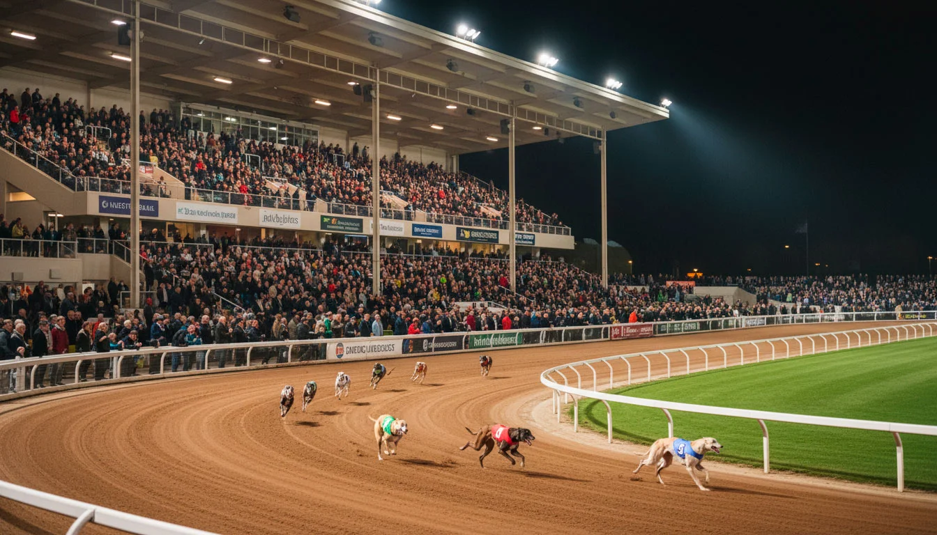 Packed grandstand at a busy UK greyhound stadium on a Saturday night