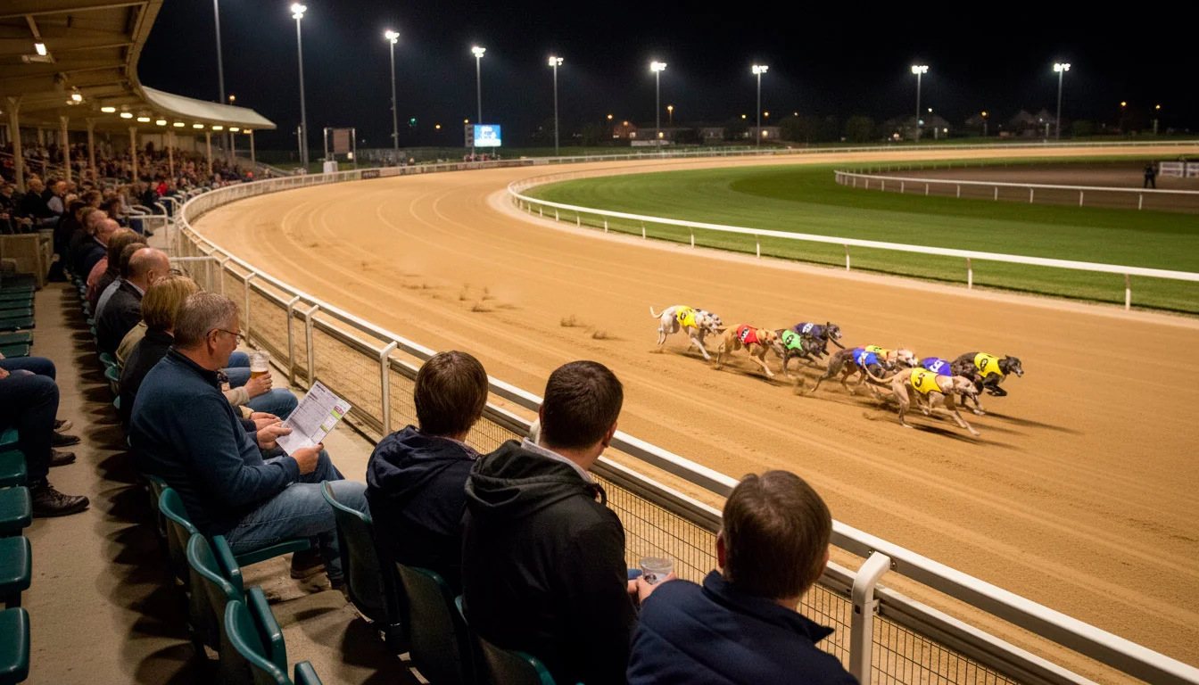 Spectators watching a greyhound race from the trackside seats at Owlerton Stadium